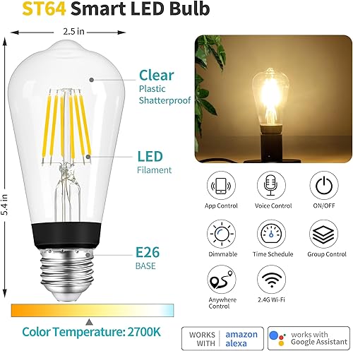 Miniatura 8 de PALULU Smart ST64 - Bombilla LED de filamento Edison vintage, 2700 K, 6 W (equivalente a 60 W), regulable, base E26, control con aplicación,