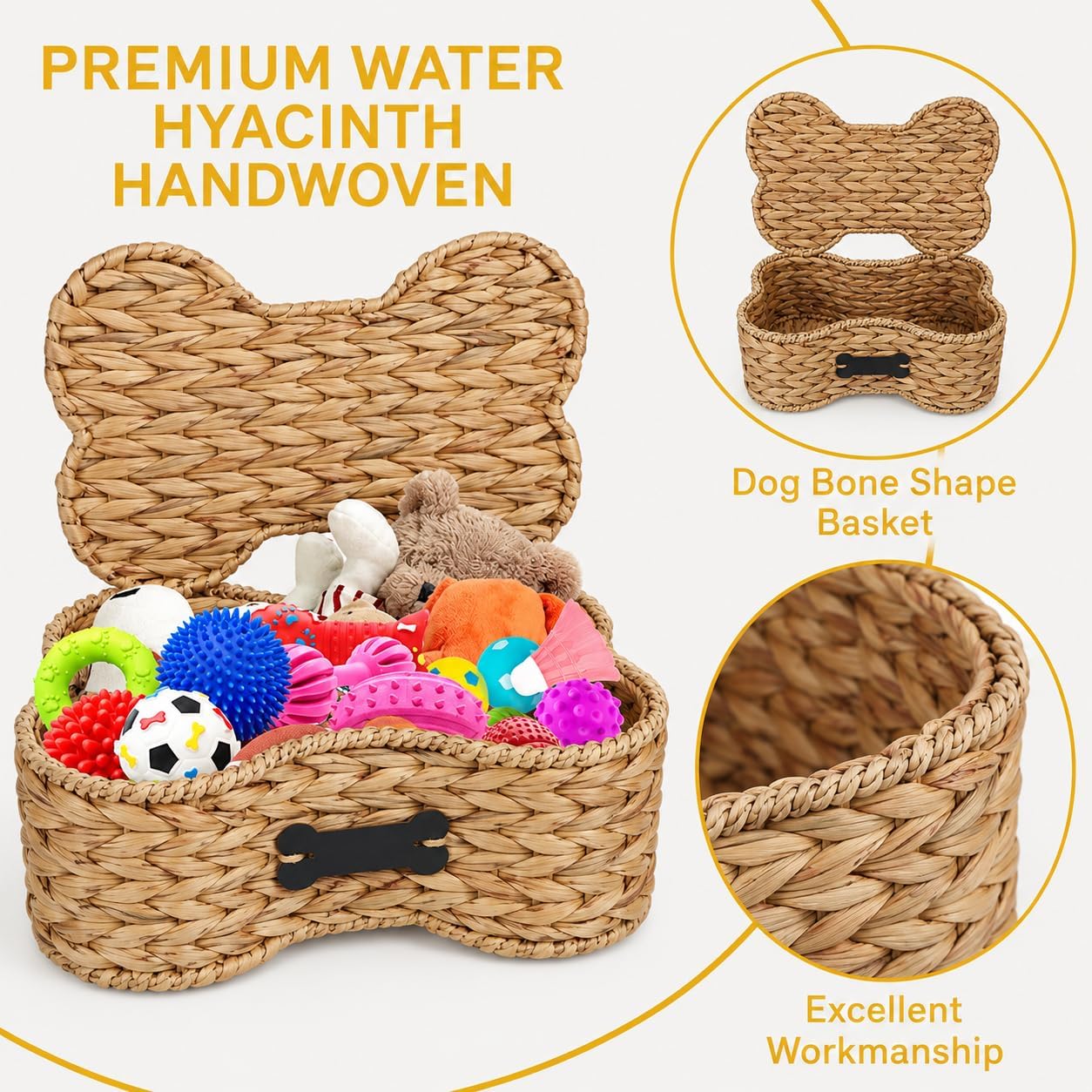 Dog Toy Basket with Lid, Bone Shape Wicker Pet Toy Storage Bin, Handmade Water Hyacinth Dog Organizer with Name Label, Dog Cat Toy Basket Holder Box for Living Room, Leashes, Balls, Blankets