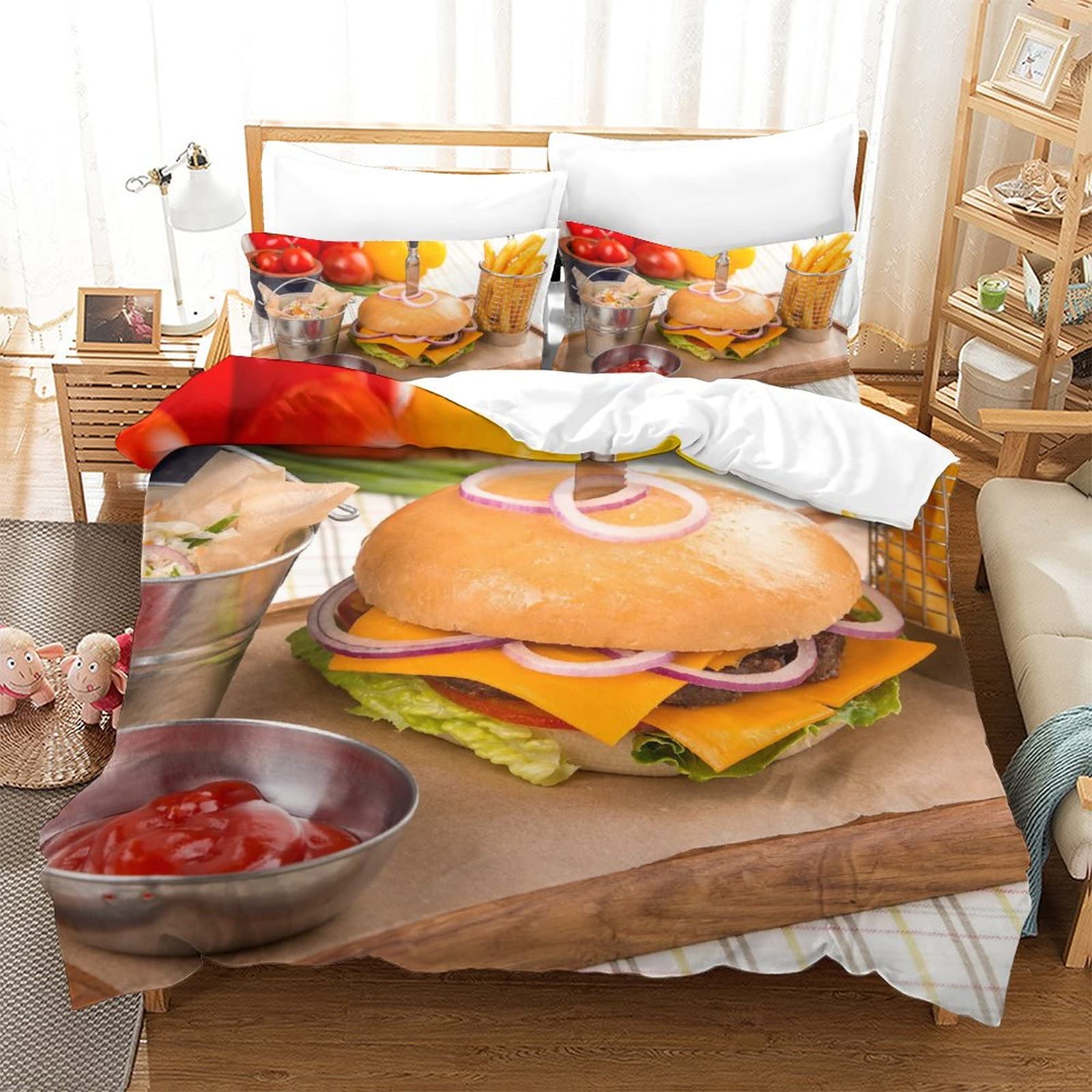 Housse de couette imprimée en 3D hamburger ensemble de literie unisexe double couvre-lit 3 pièces