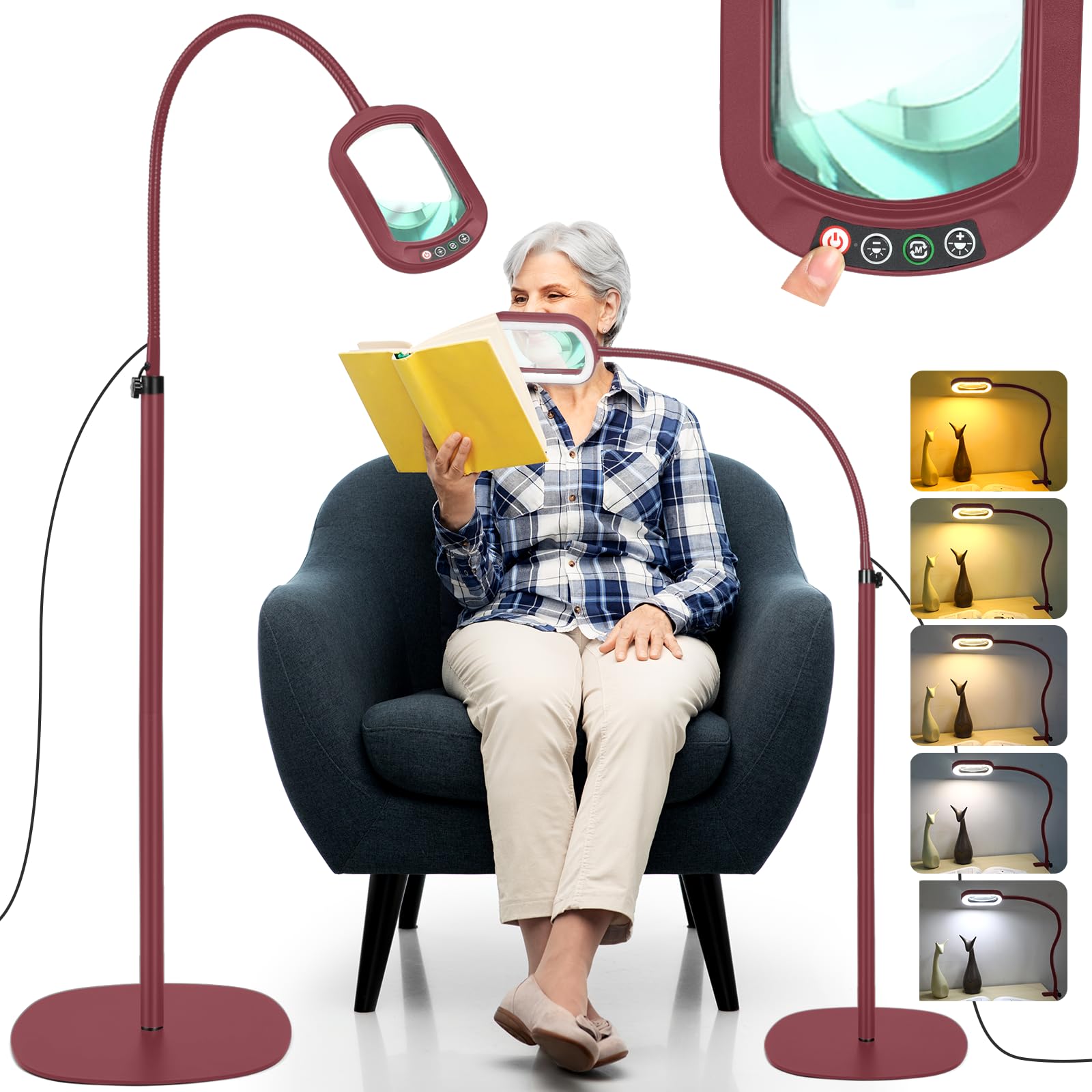Veemagni 12X Rectangular Magnifying Glass with Light and Stand, 24" Flexible Gooseneck Floor Lamp, 3-in-1 LED 5 Color Modes Stepless Dimmable, Lighted Magnifier Hands Free for Reading, Crafting- Red