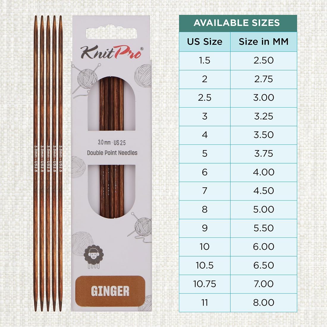 KnitPro Ginger Double Pointed Needles 8" (20cm) | US Size 2.5 (3mm)