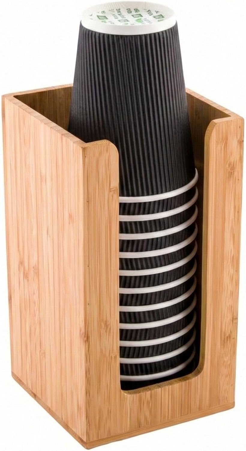 Restaurantware-4.5 x 8 Inch Coffee Cup Dispenser, 1 Countertop Cup Lid Organizer - Holds Cups/Lids/Napkins Up To 3.75 Inch in Diameter, Compact, Bamboo Cocktail Napkin Holder, For Bars or Offices,