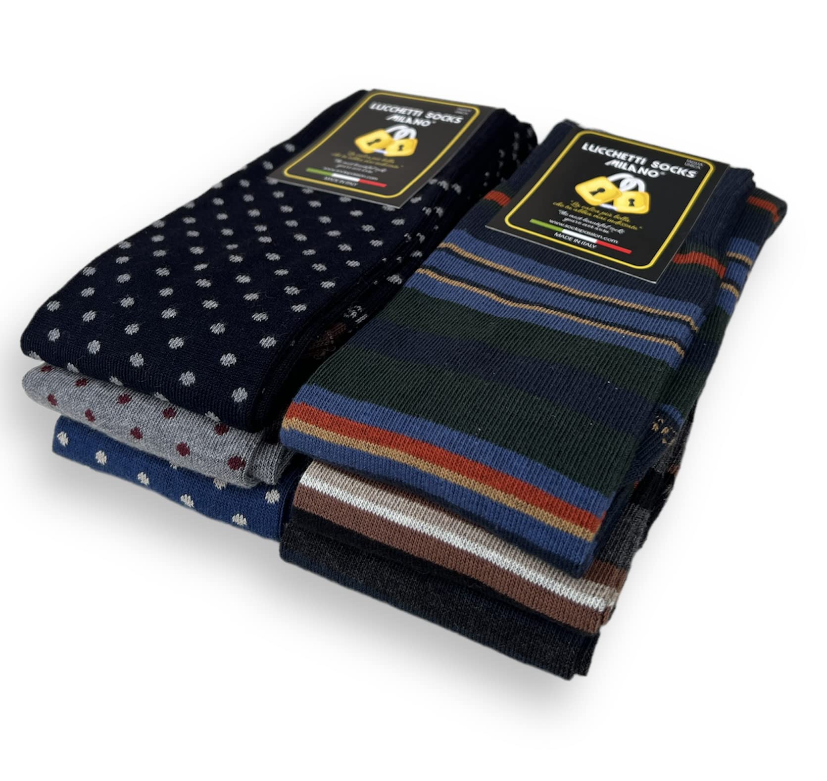 Lucchetti Socks Milano Set de 6 pares de calcetines largos de algodón cálidos para hombre de colores de tendencia estampados de lunares de moda Made in Italy