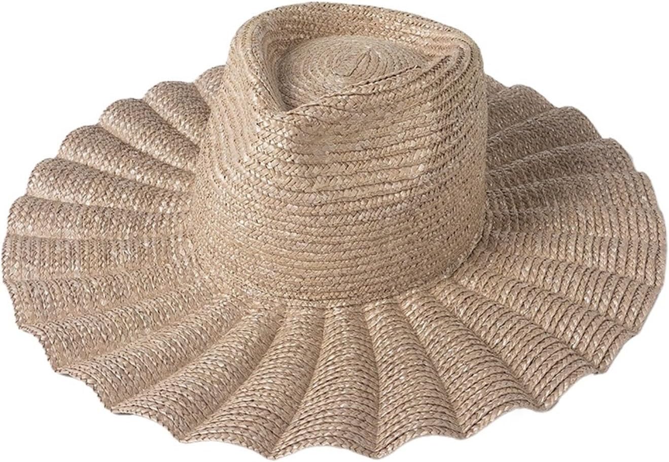 Crown Wheat Straw Hat - 10cm Wave Brim - Adjustable 56-58cm - Women's Summer Hat(Pale Pinkish Gray)