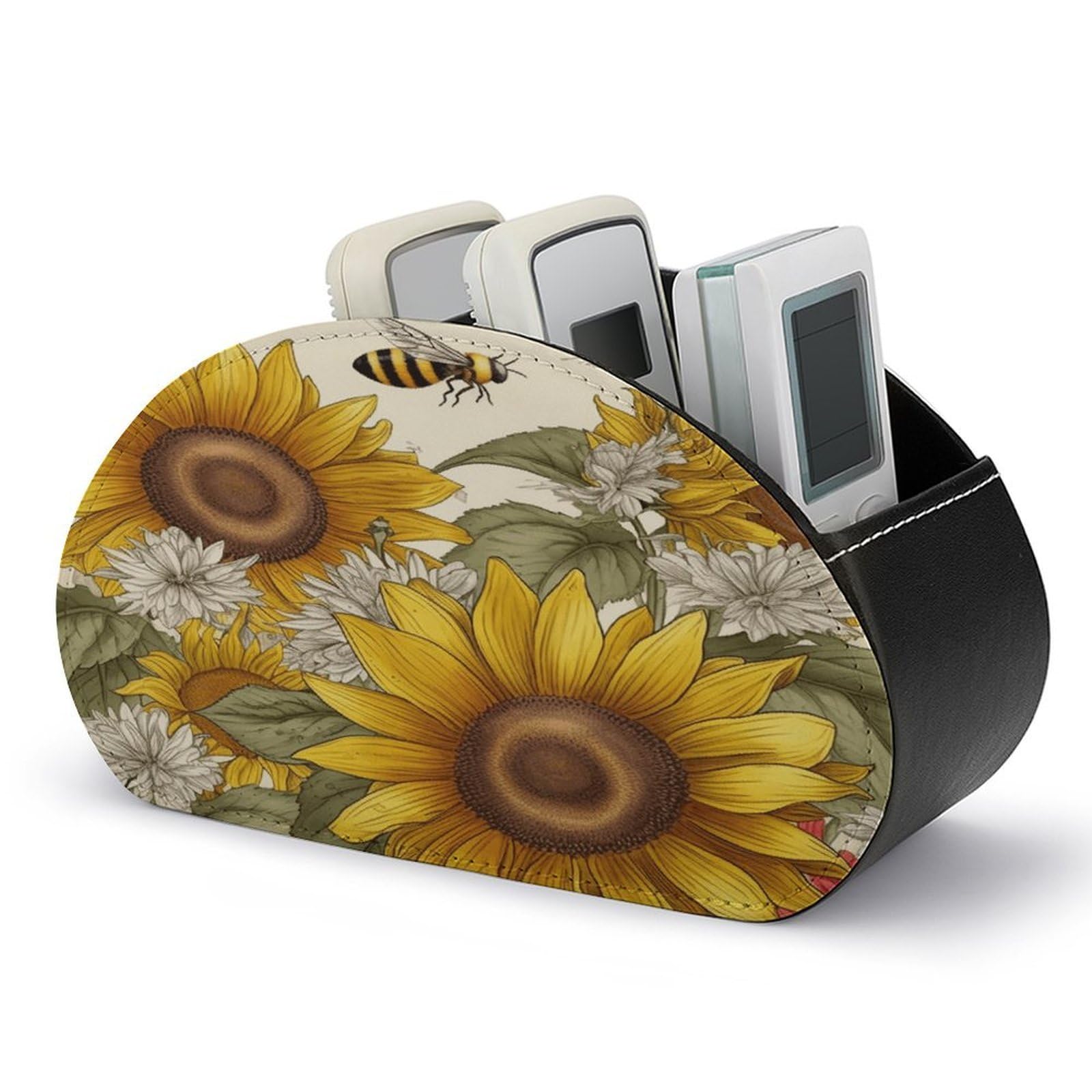 VstaDank Bees Sunflowers Daisy Rose Flowers Remote Control Holder with 5 Compartments PU Leather TV Remoter Caddy Desktop Organizer TV Remote Holder Remote Box for Media Controllers Office Supplies