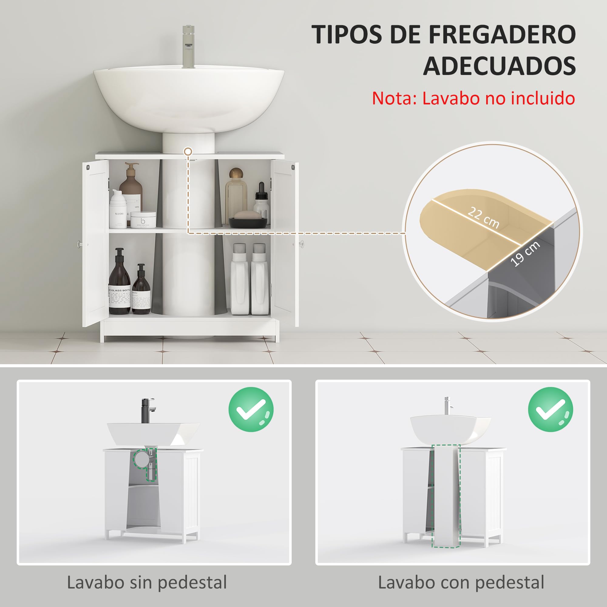 HOMCOM Mueble bajo Lavabo 2 Puertas con o sin Pedestal 60x30x60 cm Blanco | Mueble de Baño, Estante Ajustable, Armario de Baño para Lavabo, Estilo Moderno