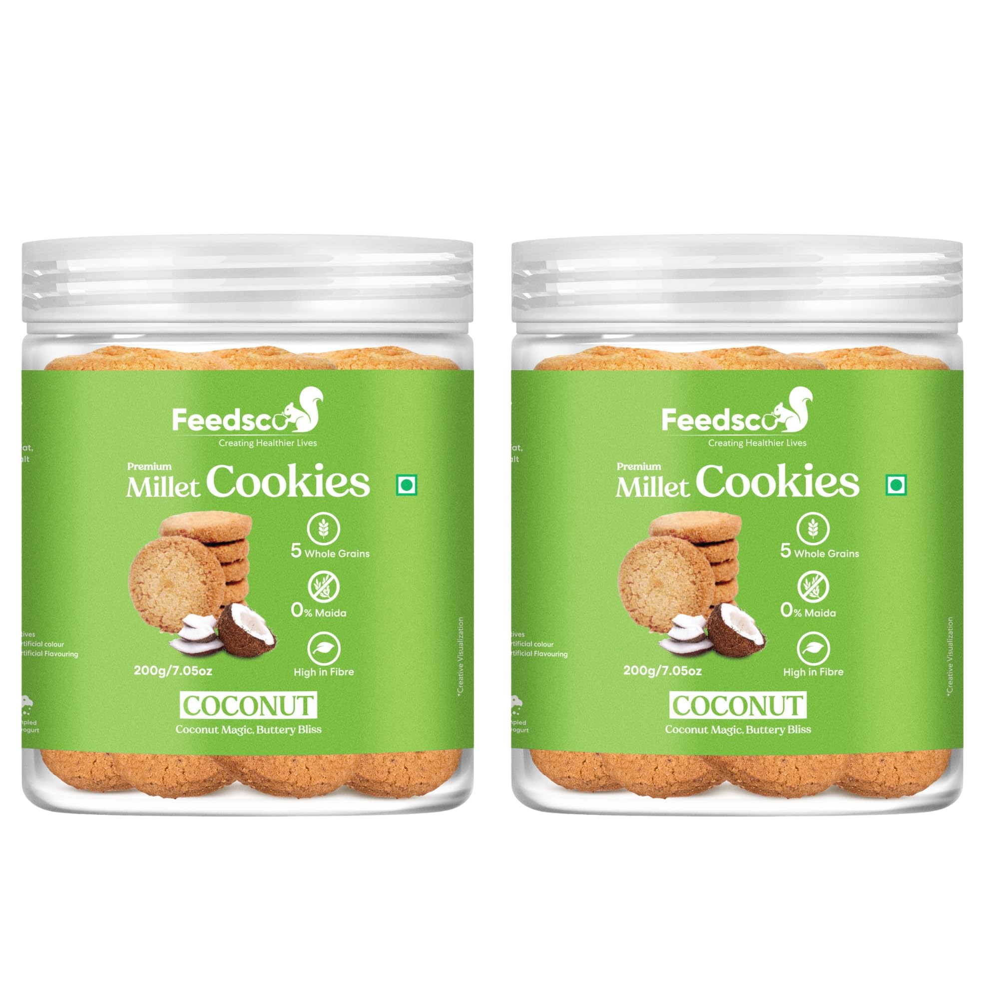 Millet Cookies – Coconut Flavor (200g Jar × 2) | Multigrain Cookies with Ragi, Jowar & Bajra | No Maida Healthy Snack for Kids & Adults | Crunchy Coconut Biscuits with Natural Ingredients