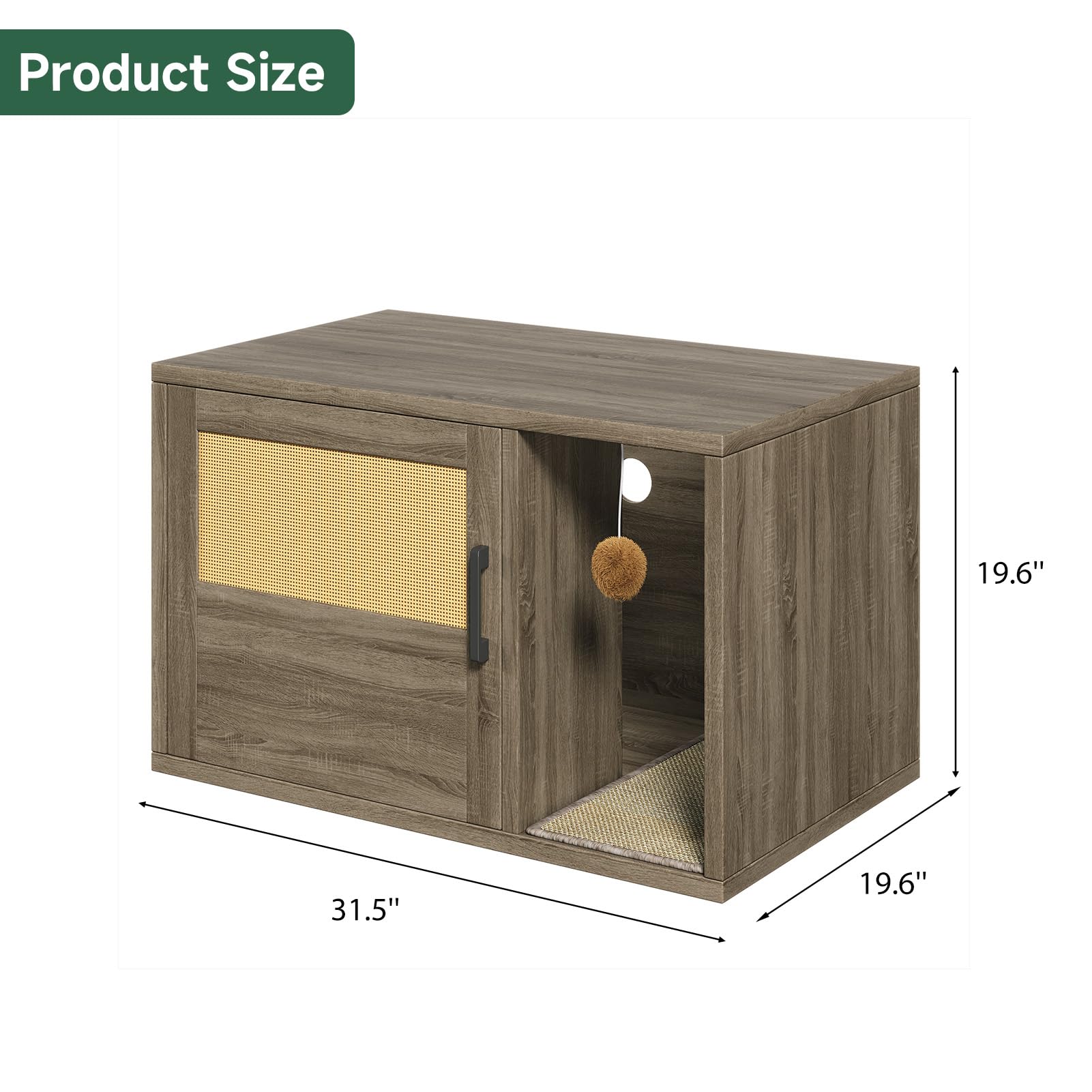 Hidden Cat Litter Box Enclosure with Cat Scratch Pad, Farmhouse Enclosed Cat Cabinet Litter Box Furniture with Bell, 31.5x19.69x19.69 in - image 8