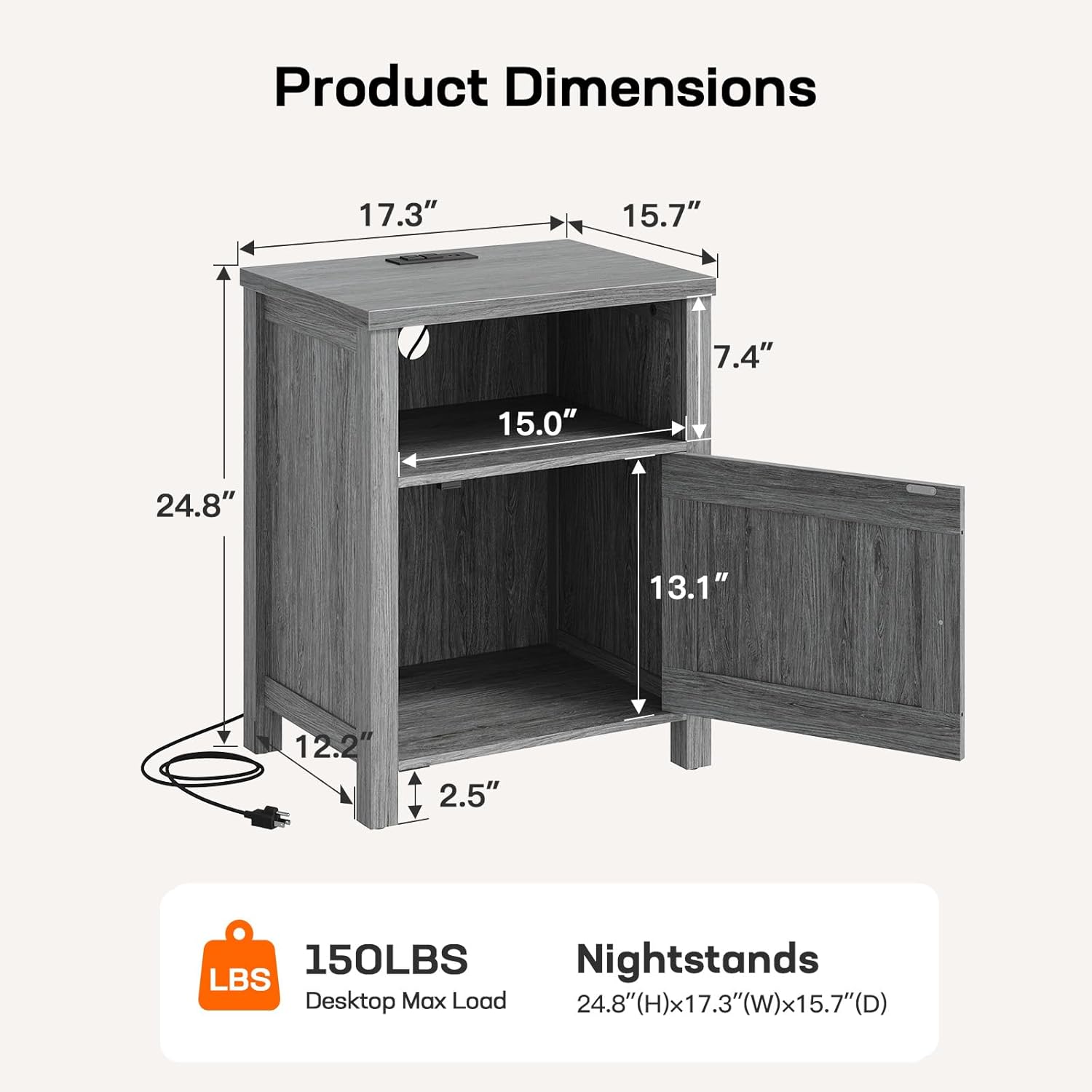 Pipishell Night Stand Set 2, Farmhouse Bedside Table Set of 2 with Open Shelf, Enclosed Cabinet, USB Port & AC Outlet, Wood Side Table with Storage for Bedroom, Gray, 2 Pack