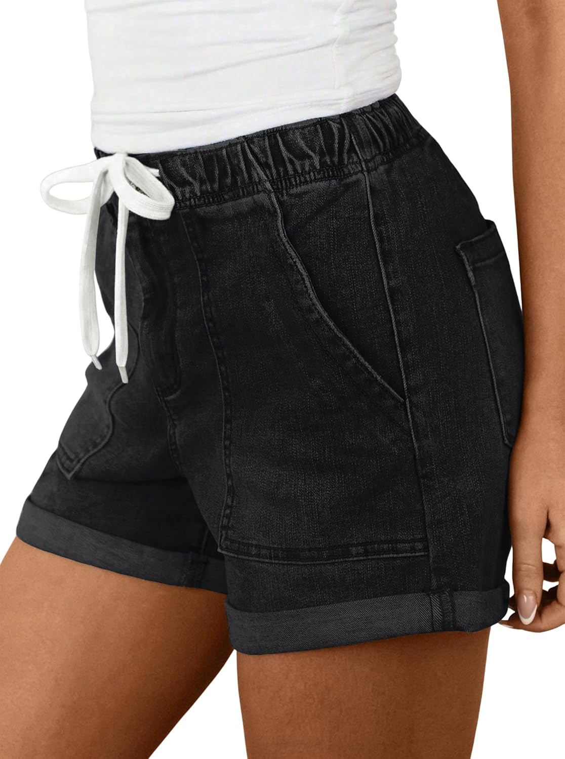 LovelyWholesale Womens Jean Shorts Summer Casual Mid Rise Cuffed Elastic Waist Denim Shorts - Image 3
