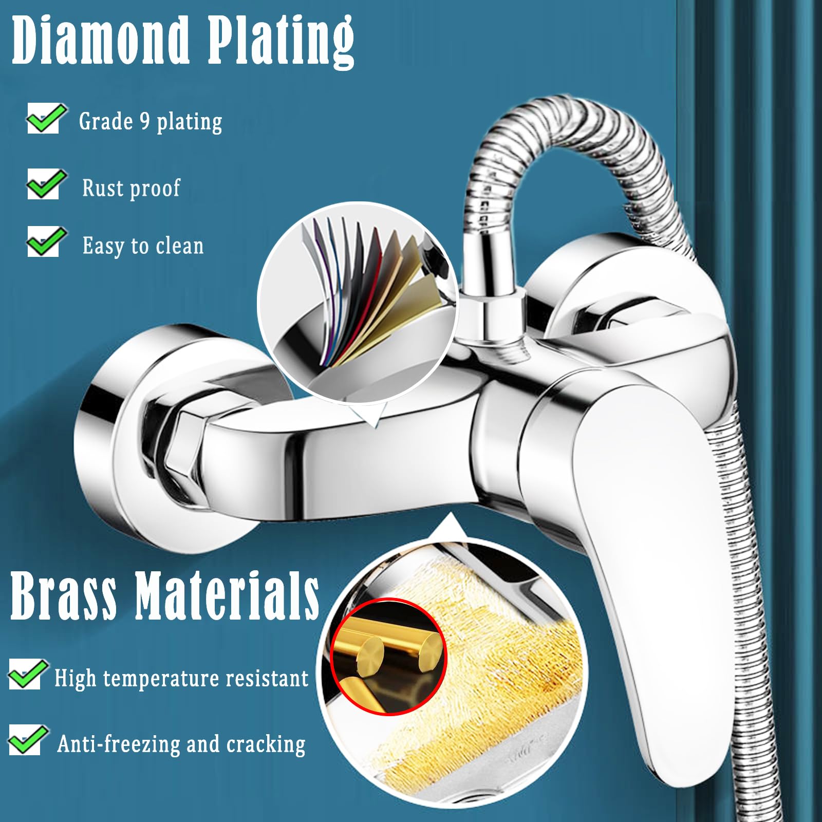 Grifo De Ducha, Grifos Duchas De Baño Monomando, Grifo Ducha Pared, con núcleo de válvula de cerámica, con G 1/2 caño,Plateado, Cromado