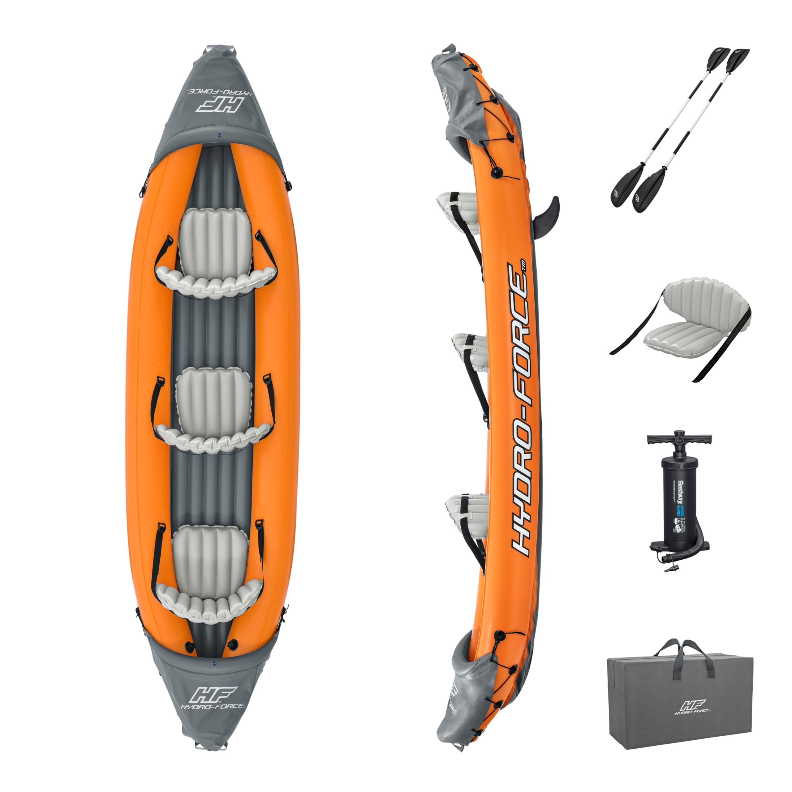 Bestway | Hydro-Force Rapid X3 Kayak | Juego de Botes inflables con Bomba de Mano, Remo, Asientos, Aletas y Bolsa de Almacenamiento | Tres plazas