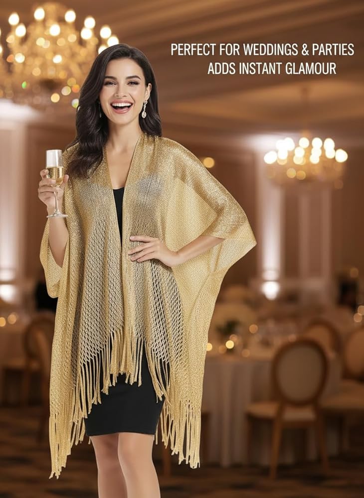 Rheane Gold Sequin Shawl, Sequin Cardigan For Wedding and Formal