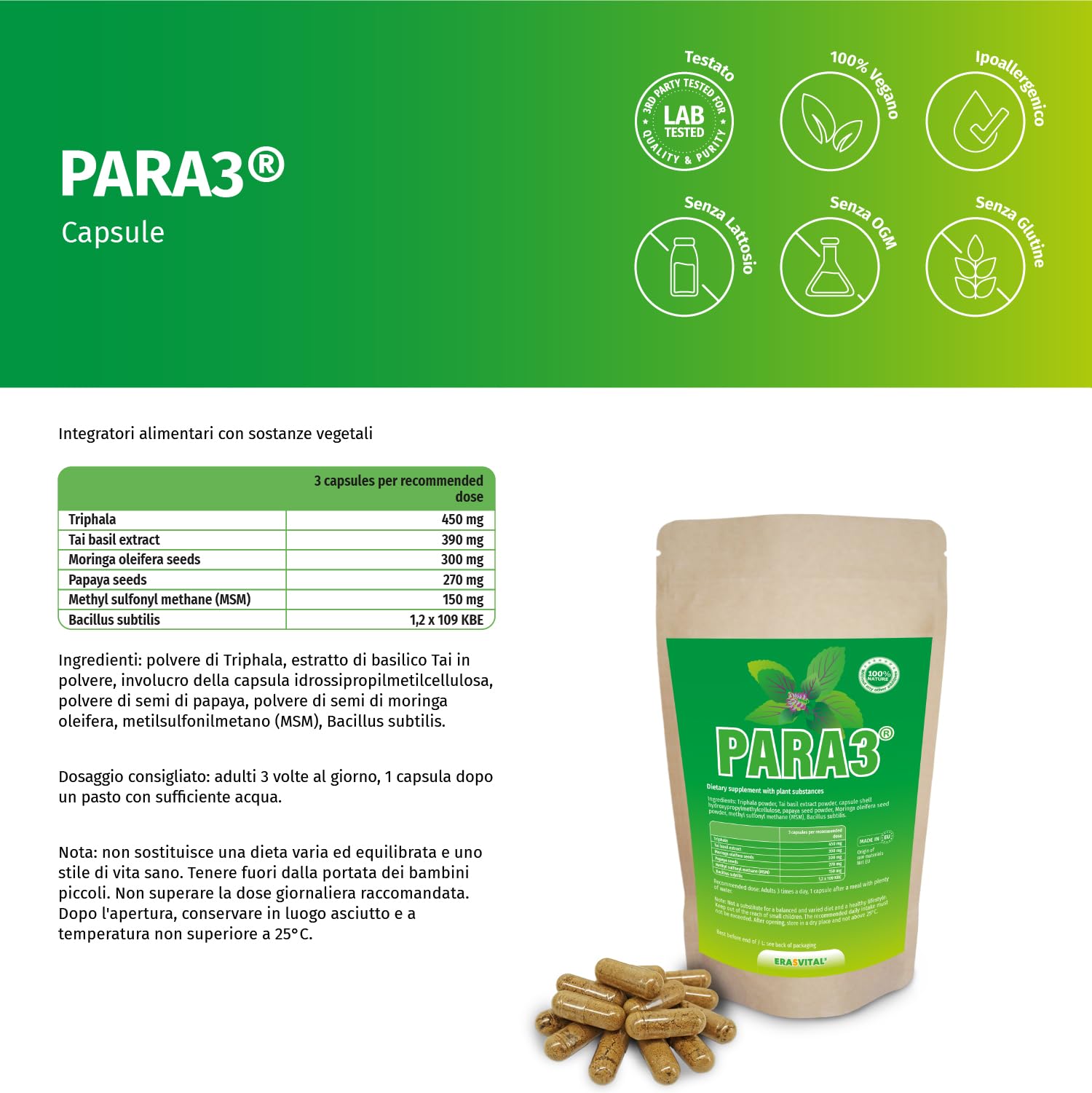 PARA3 90 Kapseln Pflanzlicher Bitterstoff-Kur Papaya-Kernen Moringa Samen Tai-Basilikum MSM Bacillus Subtilis vegan