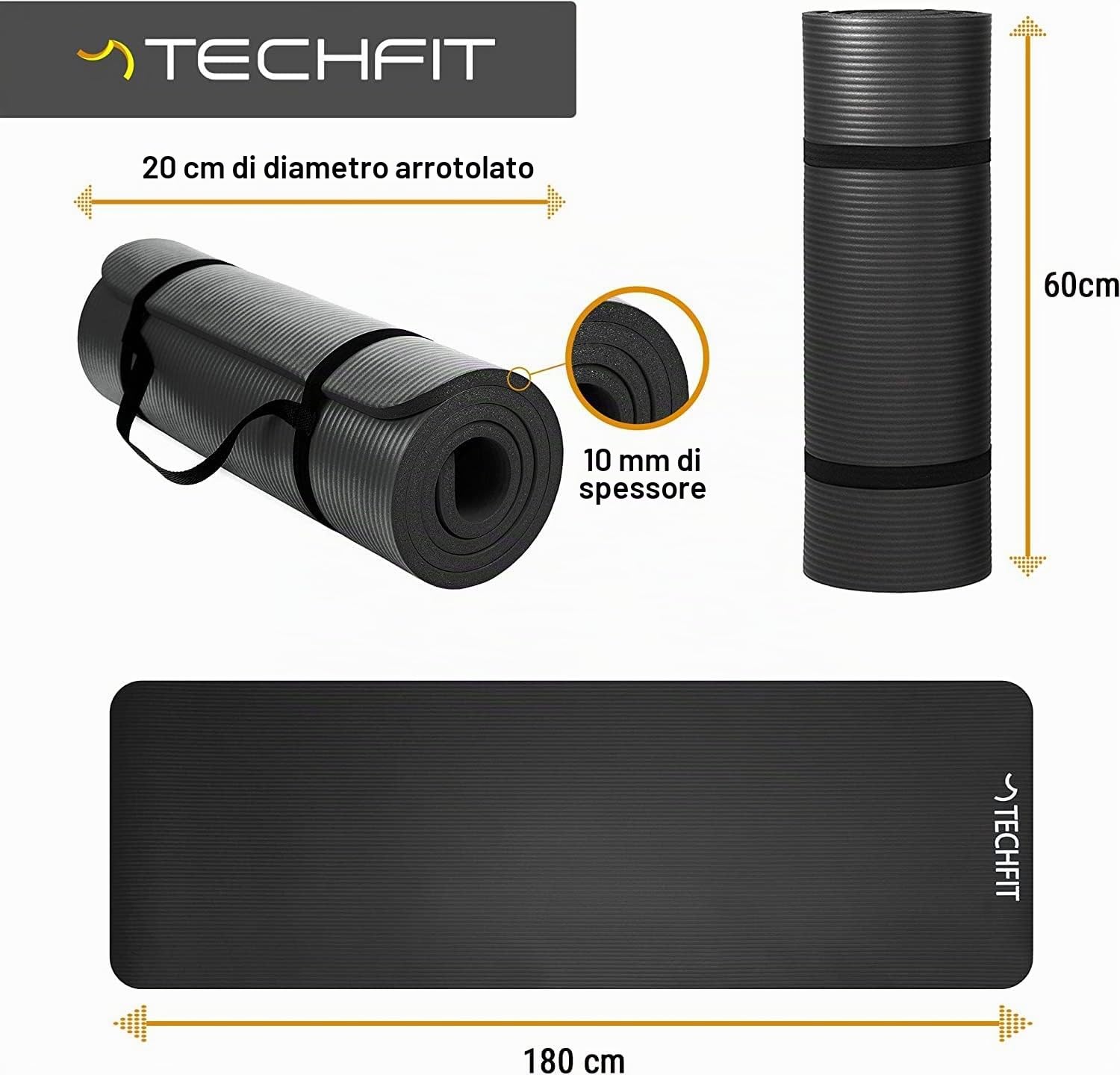 TechFit Tappetino Yoga 180 x 60 cm 10 mm Antiscivolo, nero | Materiale: Schaumstoff, con tracolla, imbottito e comodo, per Pilates, ginnastica e stretching