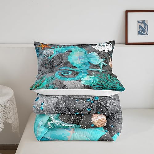 Miniatura 6 de jejeloiu Juego de ropa de cama de caballito de mar para niños, adolescentes, edredón suave con temática náutica, color verde y gris, decoración de