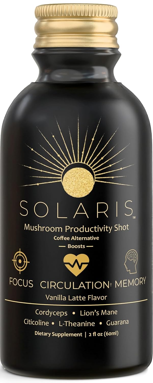 Solaris Mushroom Productivity Wellness Shots | Focus, Circulation, Memory | 4000mg of Cordyceps & Lion's Mane | Citicoline, L-Theanine, Vitamin B6/B12 | Coffee Alternative (6-Pack)
