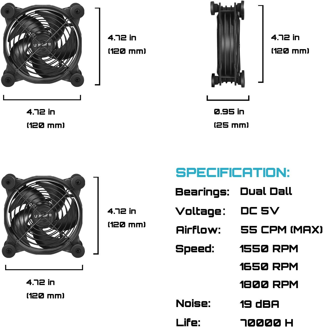Technical specifications of the upHere U1204 fan, including dimensions, voltage, airflow, speed, noise, and lifespan.
