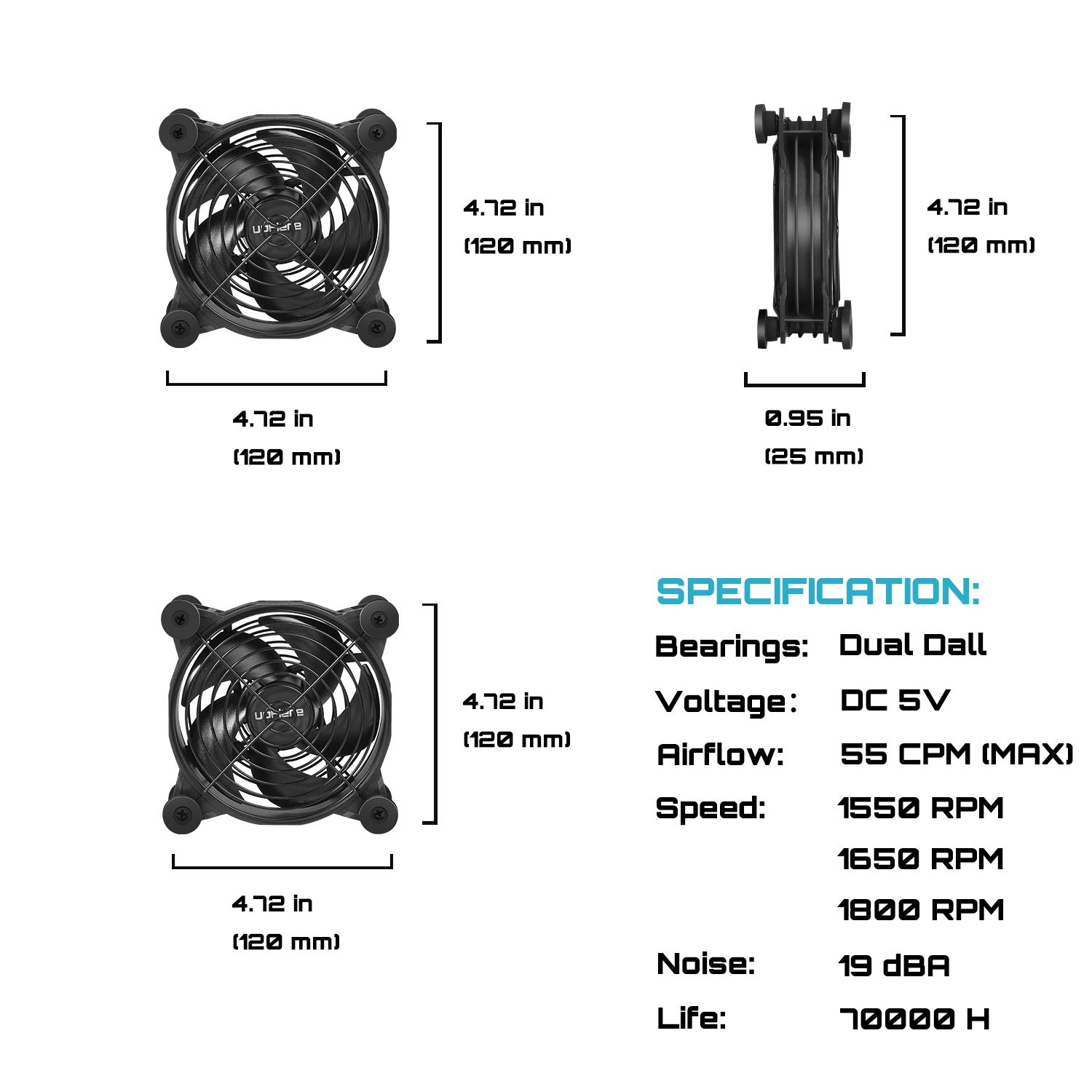 upHere 120-mm-Lüfter, USB-betriebener Lüfter, leise, Computerkühlung, 5-V-Lüfter mit 3 Geschwindigkeitsregelungen, kompatibel mit PC/Xbox/Playstation/TV-Box usw. U1204