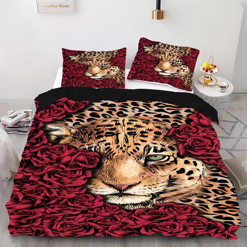 Housse de couette 240x260 cm microfibre rouge motif léopard chic