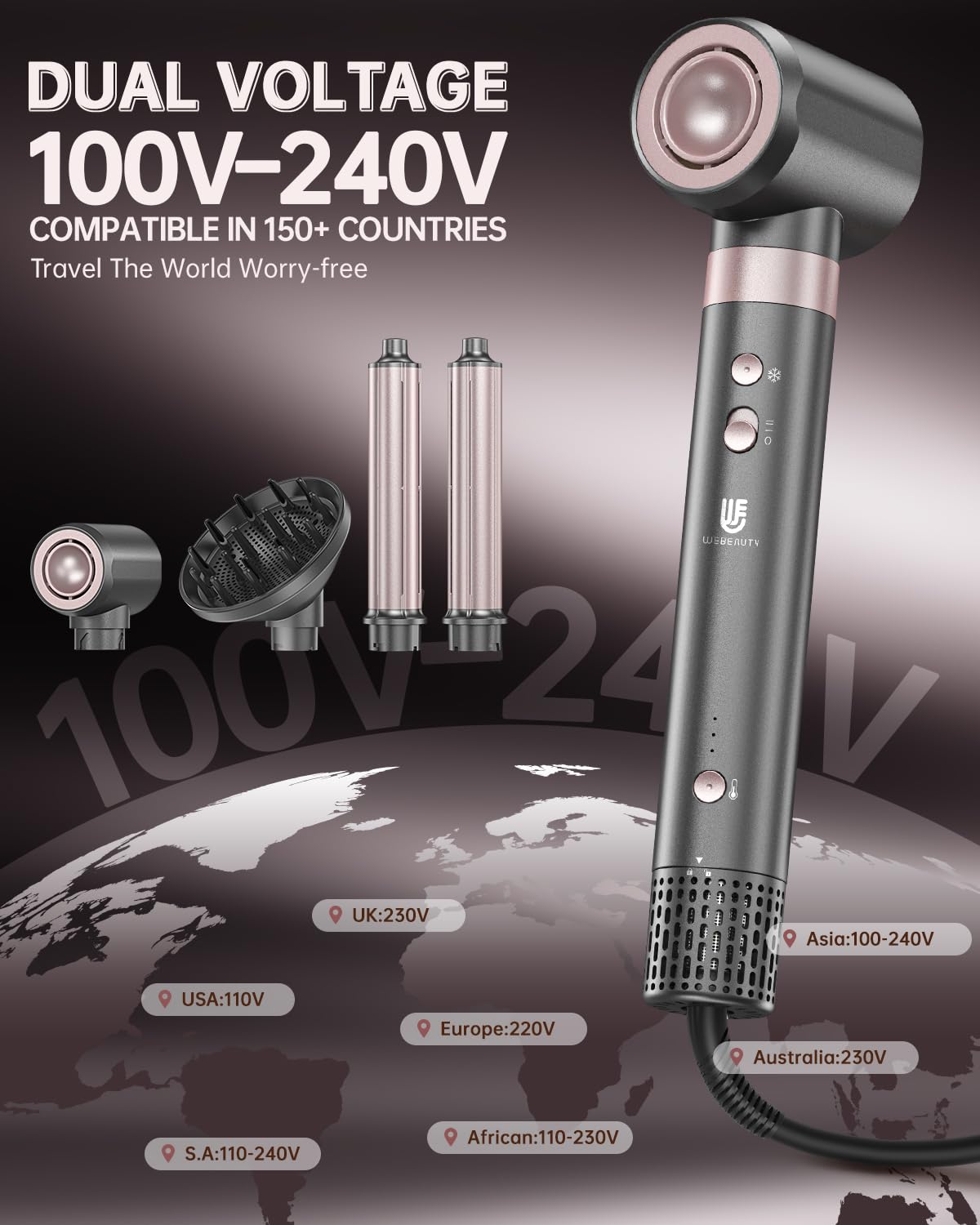 webeauty 4in1 Seche Cheveux Diffuseur Boucle avec Boucleur a Cheveux | 110,000 TR/Min,30M/S, Seche Cheveux Professionnel avec Boucleur Automatique,Diffuseur, 500 Millions d'ions Négatifs Airstyler