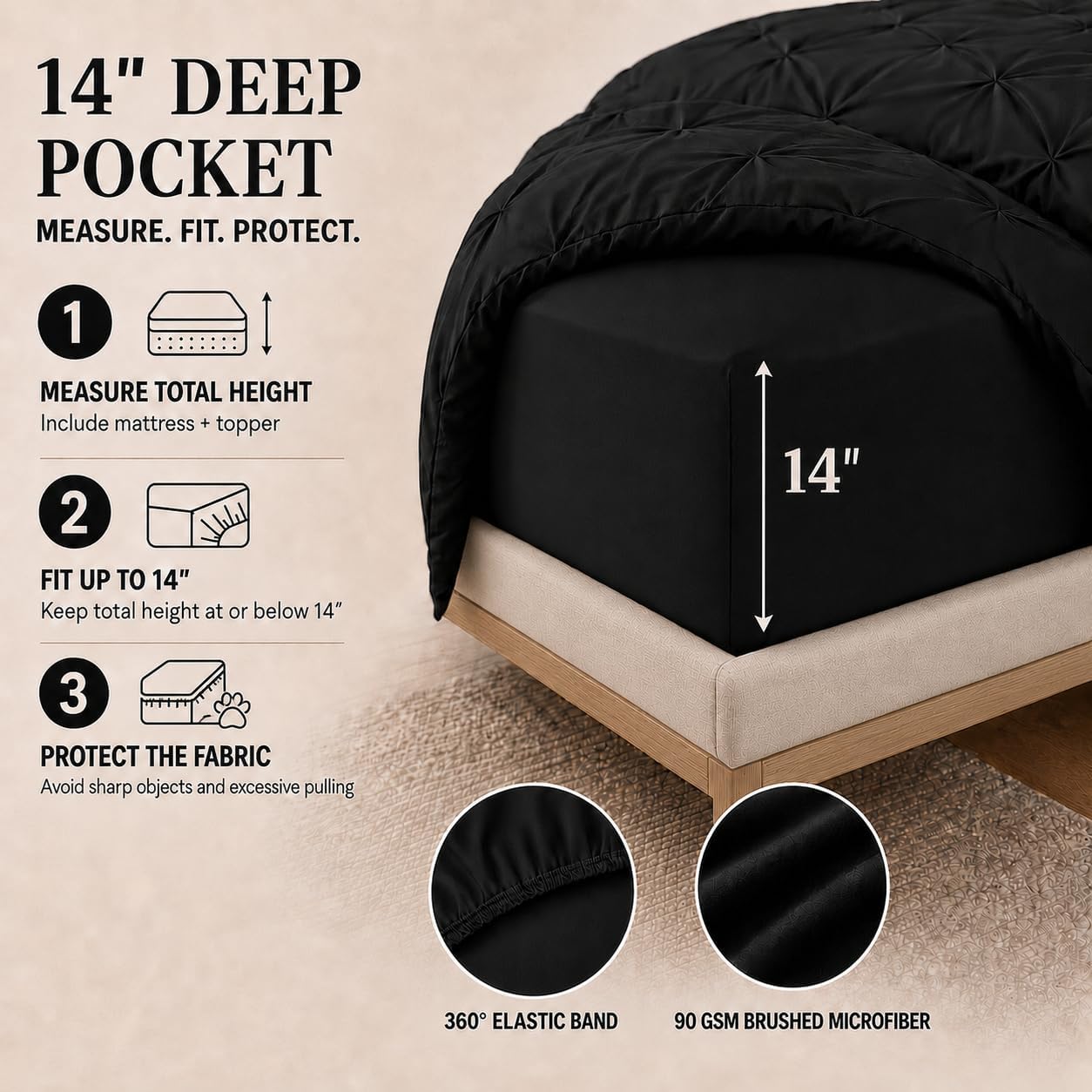 HIMEET Oversized King Comforter Set Black - 7 Pieces Pintuck Bed in a Bag | OEKO-TEX Certified, 240GSM Down Alternative Comforter, 14" Deep Pocket Fitted Sheet + Flat Sheet + 2 Pillowcases + 2 Shams image 4