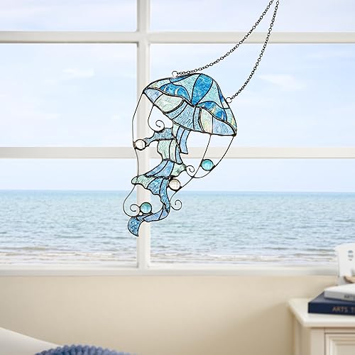 Miniatura 6 de Medusa para colgar en la ventana de vitral, panel interior atrapasoles de vida marina en el océano, decoración náutica para el hogar, pared, jardín,