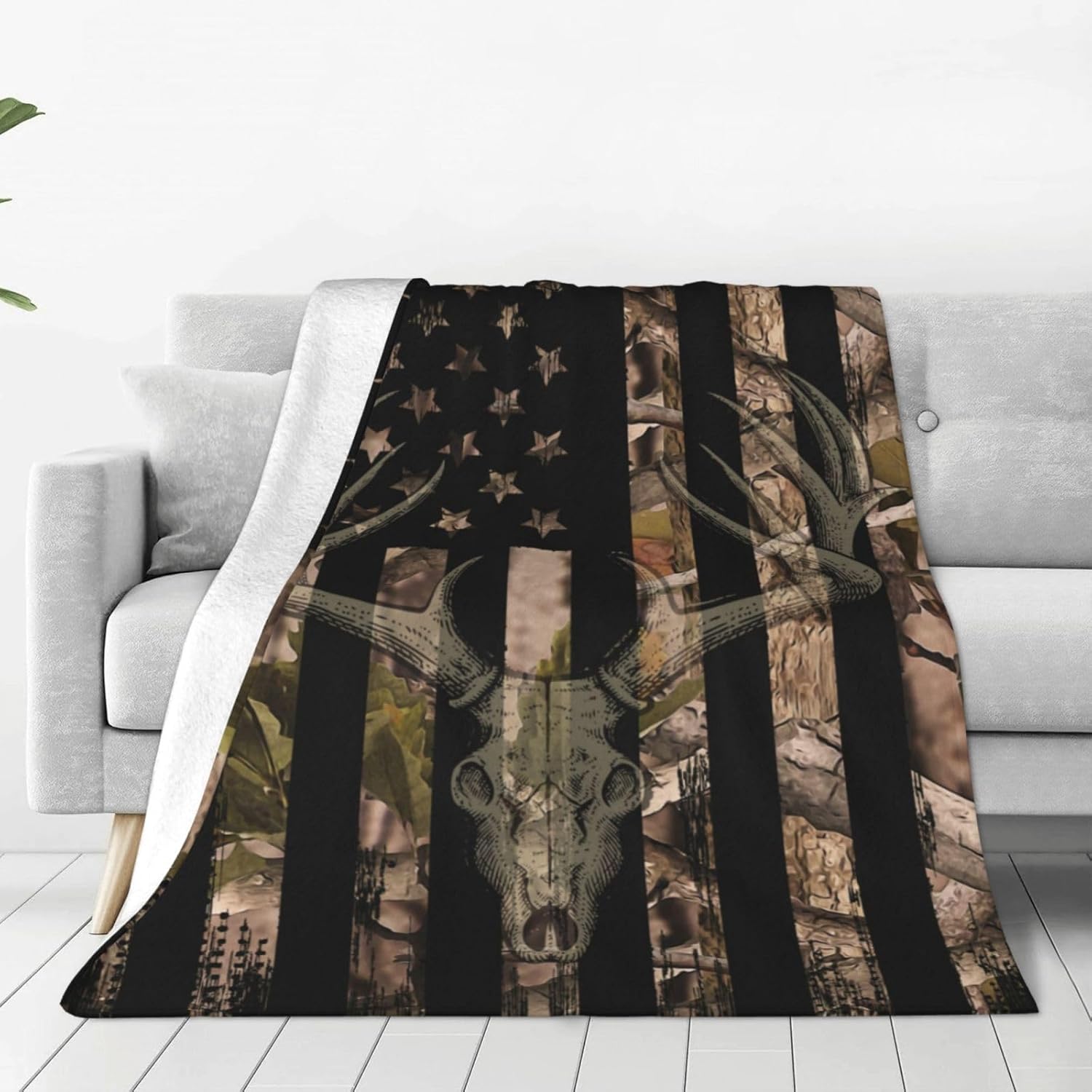 Camo American Flag Deer Fleece Throw Blanket Camouflage Soft Flannel Plush Lightweight Warm Cozy Blanket for Bed Couch Sofa Travel 50"X40"