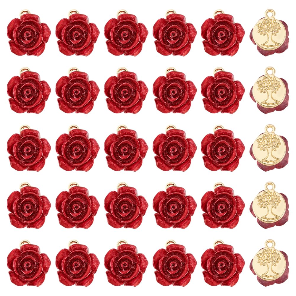 DICOSMETICDICOSMETIC 30Pcs Red Rose Flatback Tree of Life Pendants Flat Round Tree Pendants Birth Month Flower Pendant Alloy Pendants for Valentine's Day Jewelry Making, Hole: 1.5mm