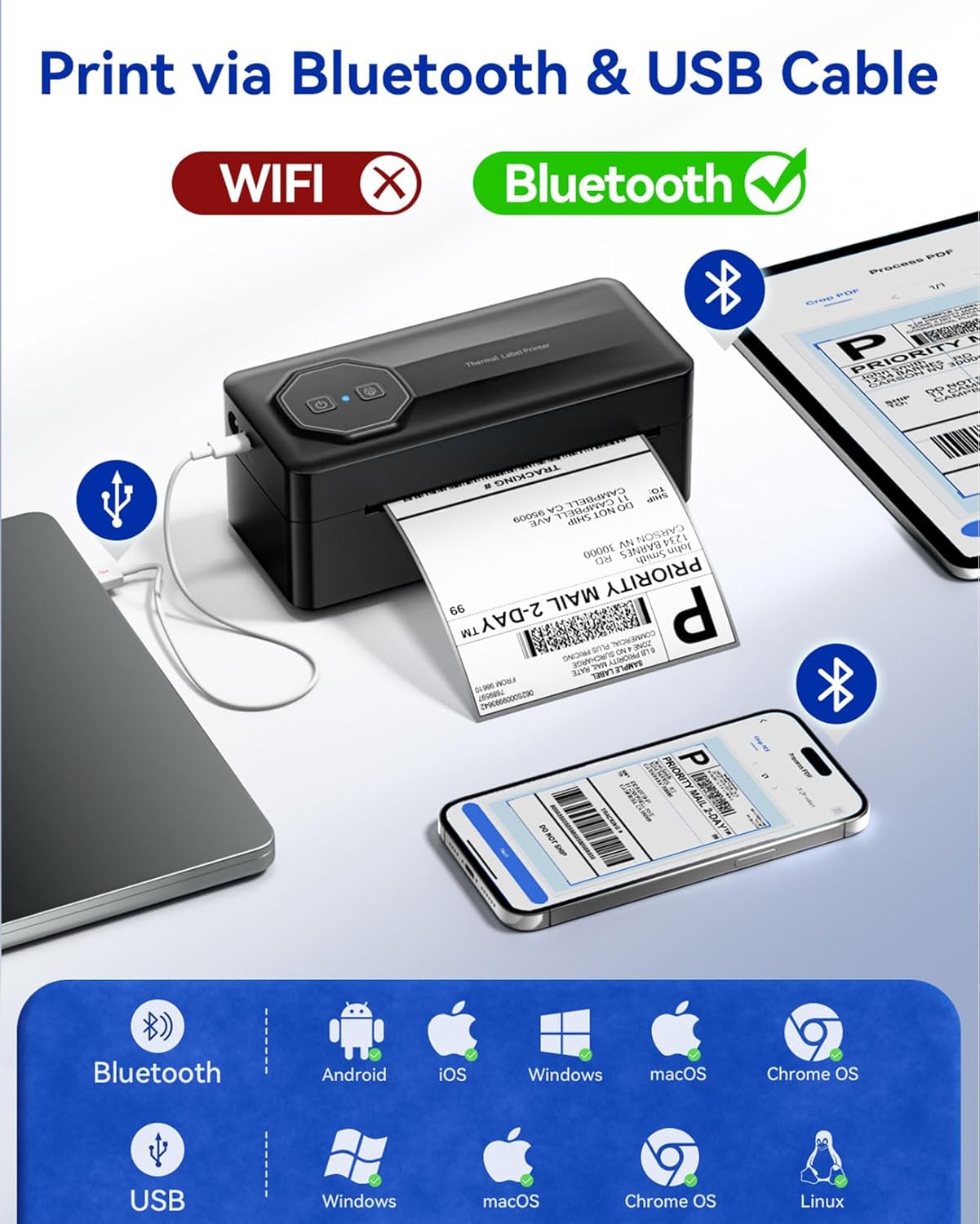 TATTMUSE Bluetooth Thermal Shipping Label Printer, A646 Wireless 4x6 Label Printer for Small Business and Shipping Packages, Compatible with iPhone Android Windows Mac, Amazon, USPS, UPS, Black