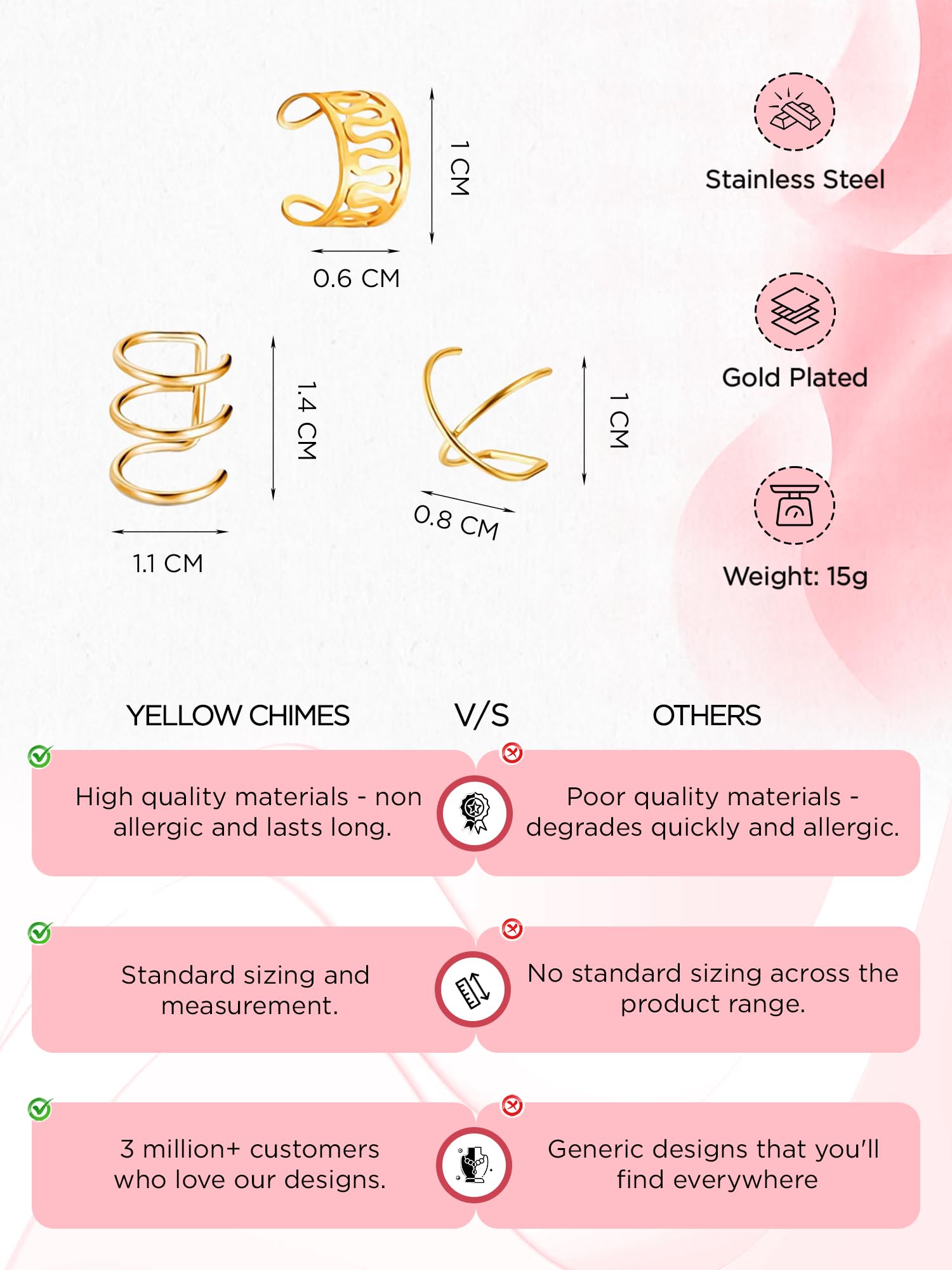 Yellow Chimes Earrings for Women and Girls | Fashion Gold Ear Cuff Earrings Set | Gold Plated Ear Cuffs Combo | Western Stainless Steel Ear Cuffs | Accessories Jewellery for Women | Birthday Gift for Girls and Women Anniversary Gift for Wife 2