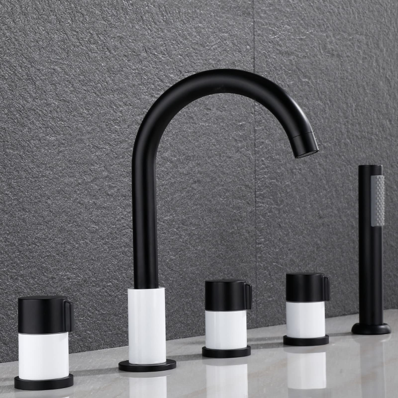 SWENEEN Modern Gold & Black Bath Mixer Tap Set With Pull-Out Hand Shower & Waterfall 5 Hole Bathroom Tub Faucet For Luxurious Spa Experience,Black+white