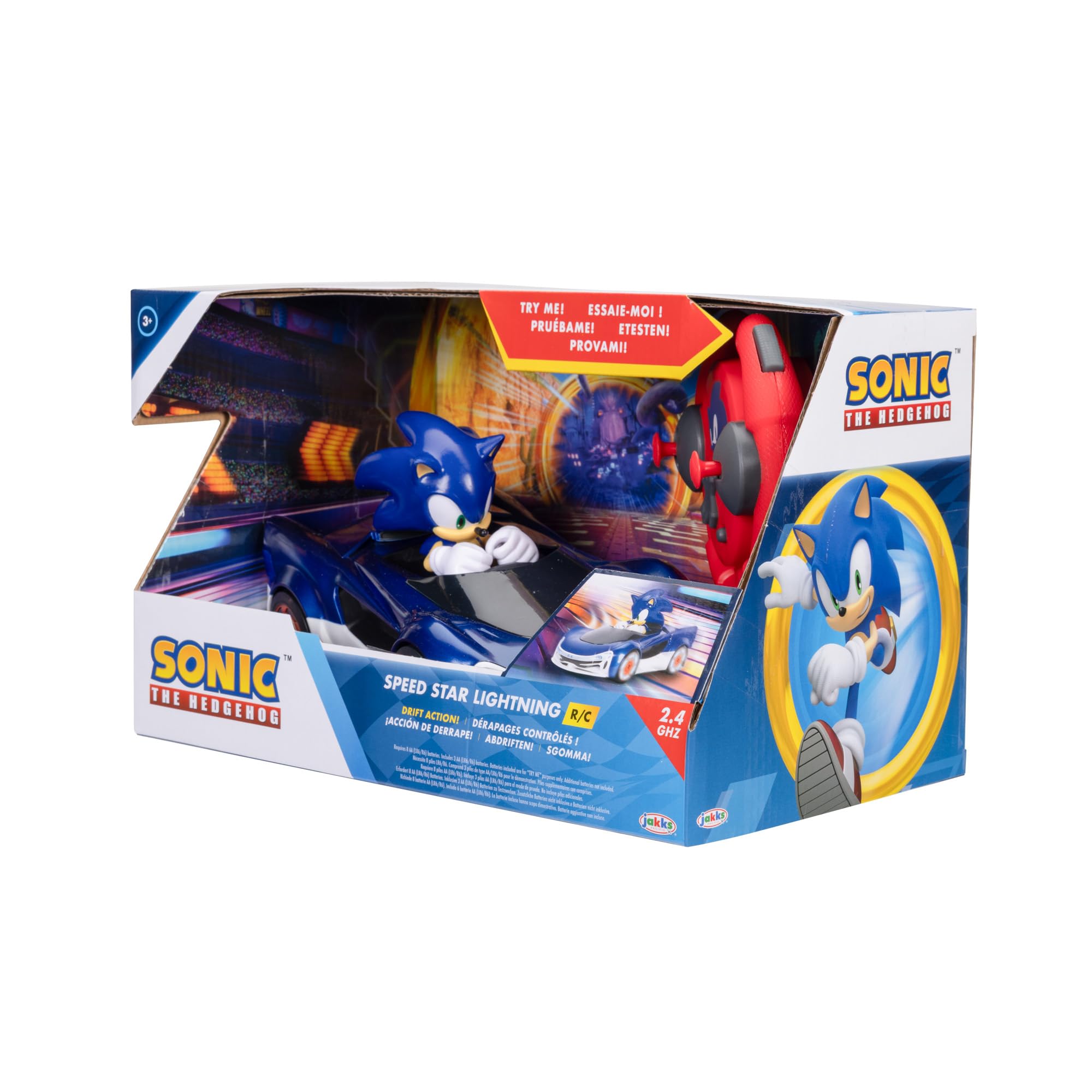 Sonic The Hedgehog, Coche Radio Control Derrapes de Jakks Pacific - Coches a Distancia con Ruedas Luminosas, Juego Interactivo con Mando a Distancia Rojo con Pilas Incluido