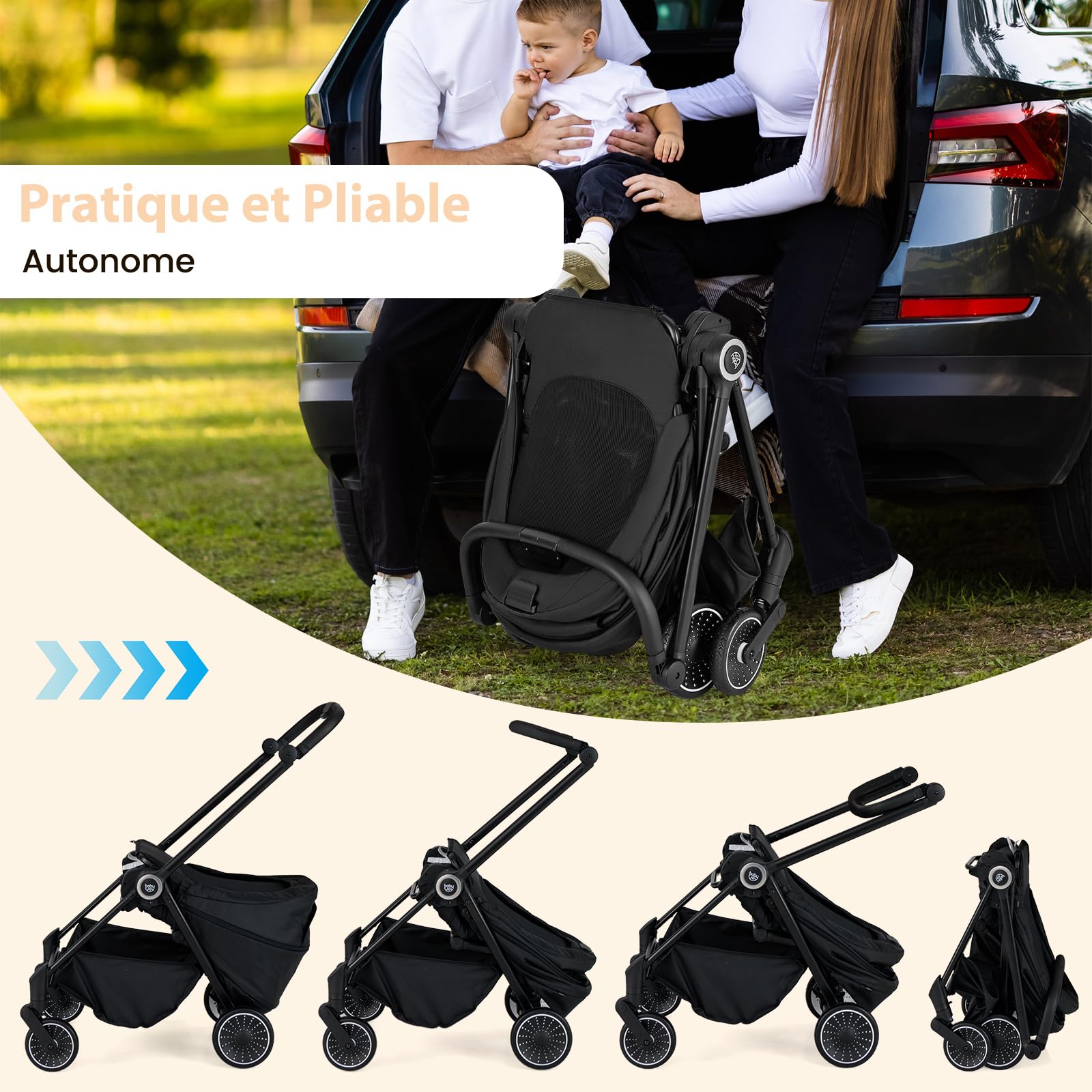 COSTWAY Poussette Canne Bébé 0-3 Ans(Charge 15 kg) avec Siège Réversible & Dossier Inclinable, Poussette Compacte et Légère Pliable avec Auvent Réglable & Panier Inférieur, Harnais à 5 Points (Noir)