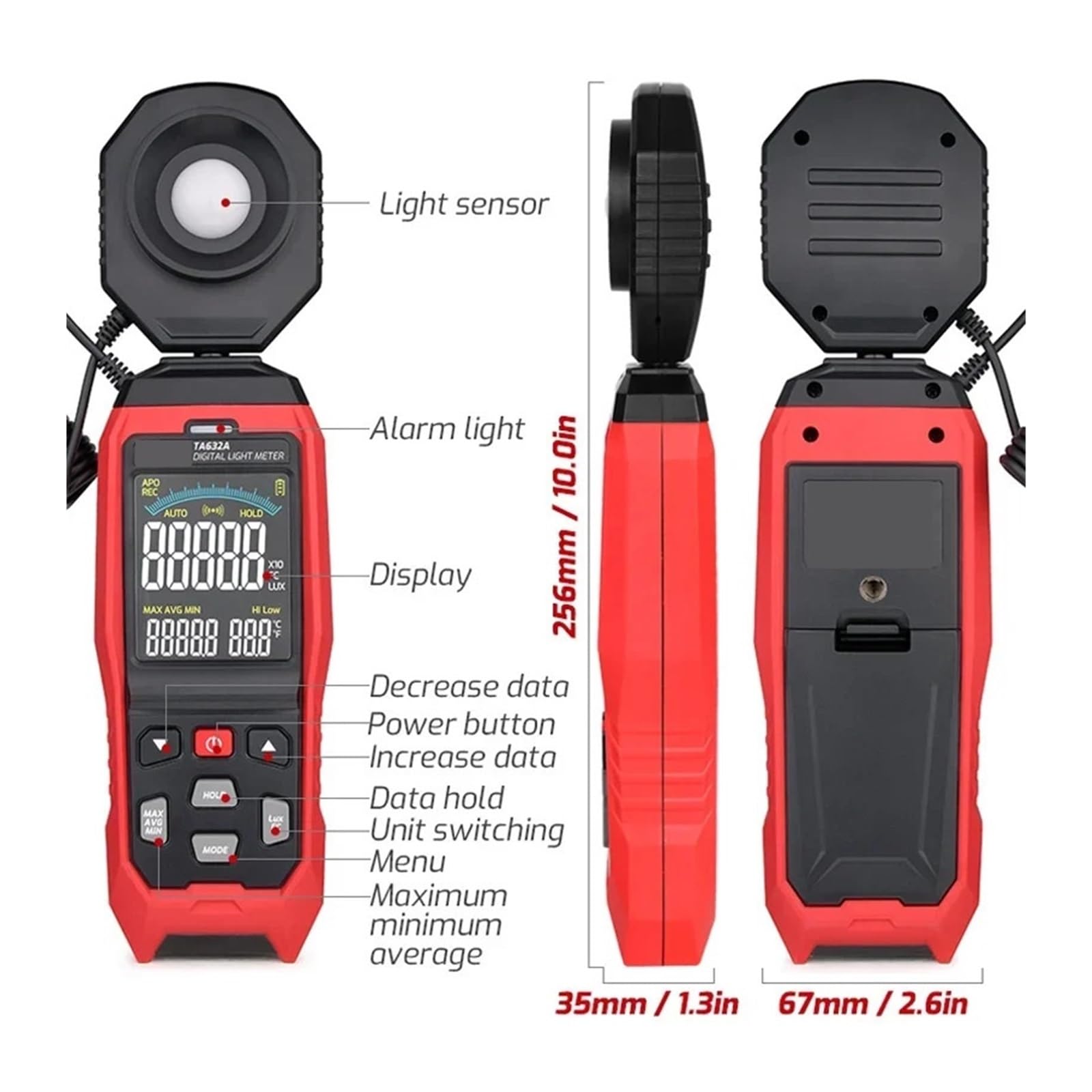 Espectrofotómetro Digital, Medidor De Luz Digital TA632A TA632B, Luxómetro For Fotografía, Sonda Desmontable, Iluminómetro Lux/Fc, Fotómetro, Probador Ambiental(TA632B USB Transfer)