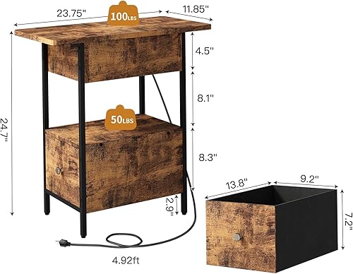 Miniatura 3 de SOOWERY Mesa auxiliar con estación de carga, mesa auxiliar estrecha con armario abatible y cajón de tela, mesitas de noche para espacios pequeños,