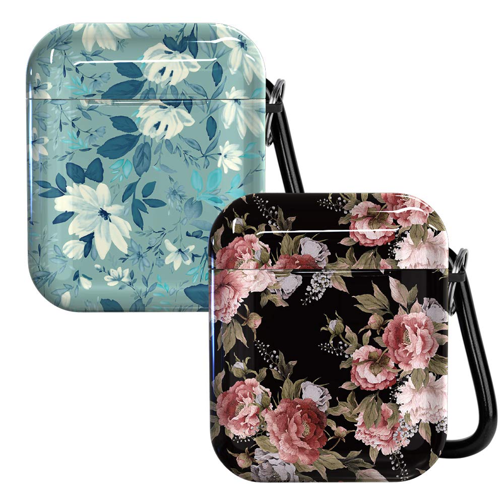 AirPods case, Soft TPU Shockproof Protective Cover Covering The Skin, with Keychain Accessory Set, Suitable for Airpod 1 & 2 - Pink Red Flower White Blue Floral Black