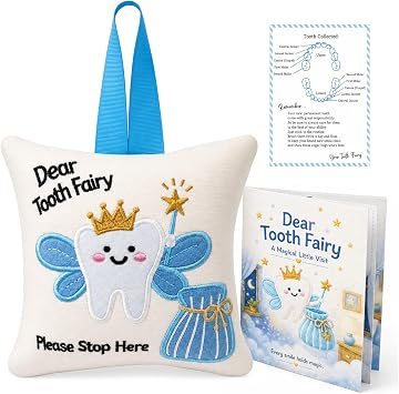 Tooth Fairy Pillow with Tooth Fairy Book Receipts Set for Boys Girls