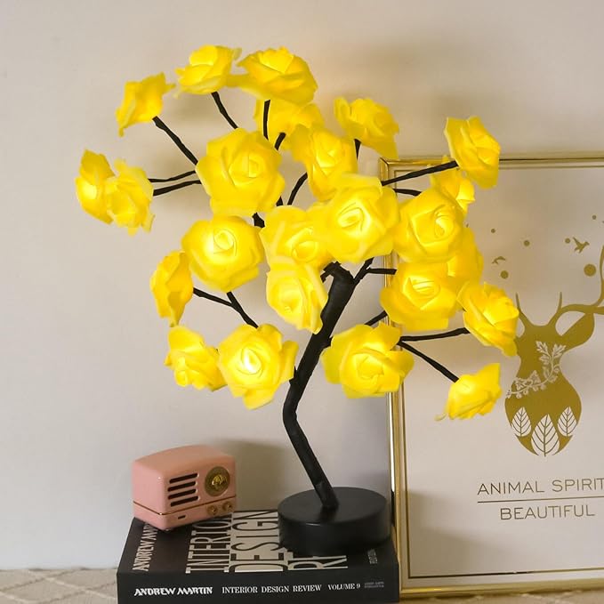 Drawelry Drawelry Rose Flower Tree Lamp - LED Rose Tree Table Lamp USB/Battery Powered Artificial Bonsai Flower Night Light for Bedroom Living Room Party Wedding Birthday Decor (Yellow)