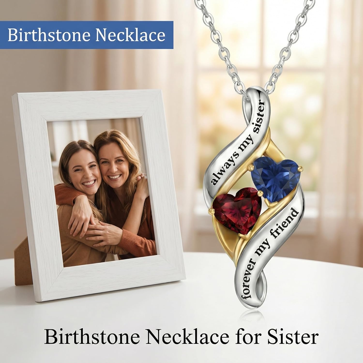 CRMAD Sister Necklace for Women Double Birthston Pendant Always My Sisters Forever My Friend Jewelry Anniversary Birthday Christmas Gifts for Her Sister - Image 6