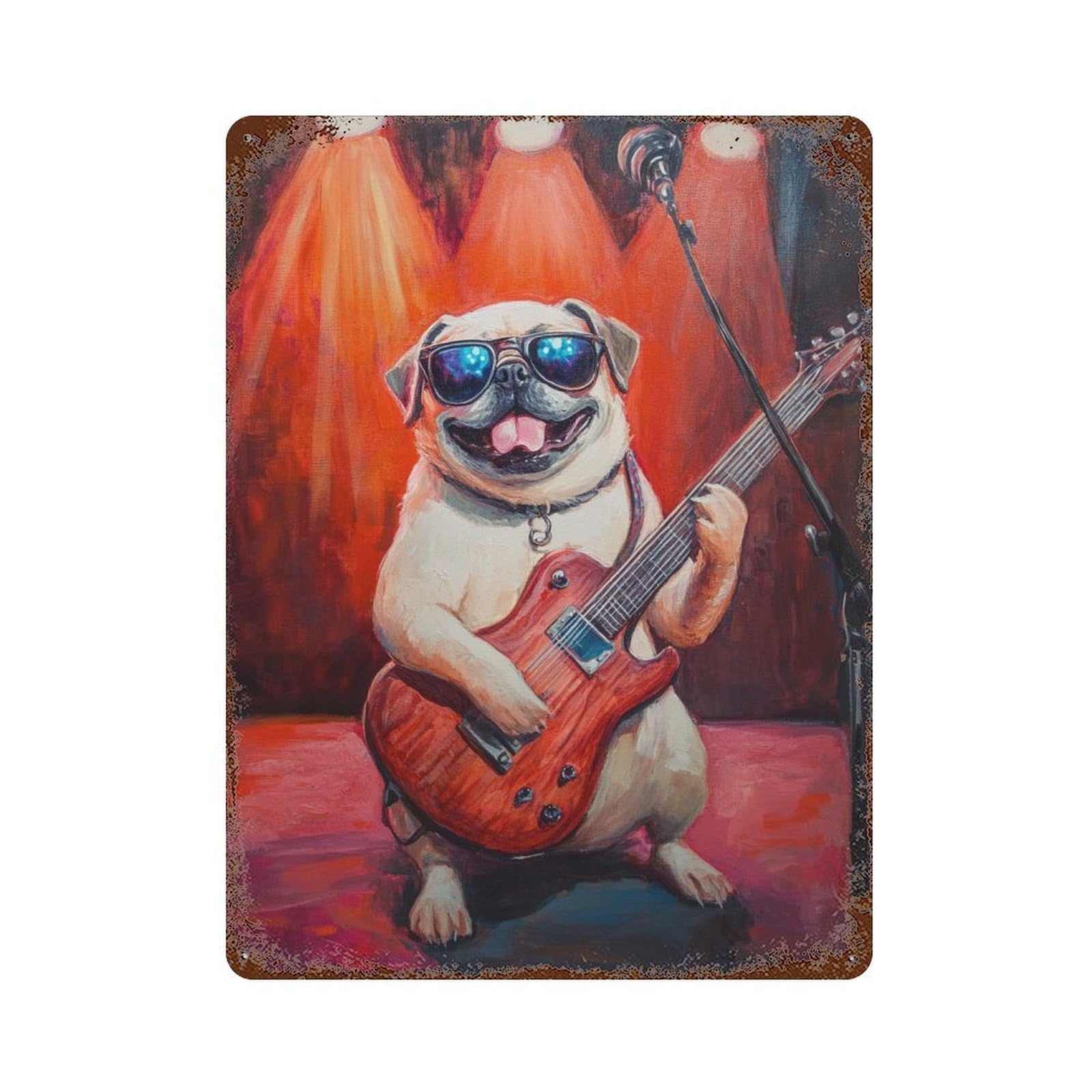 Rust Effect Pug Playing Guitar Painting-1 Vintage Rust Metal Sign 15.7"x11.8", Classic Wall Plaque for Shed, Workshop And Garage Wall Decor