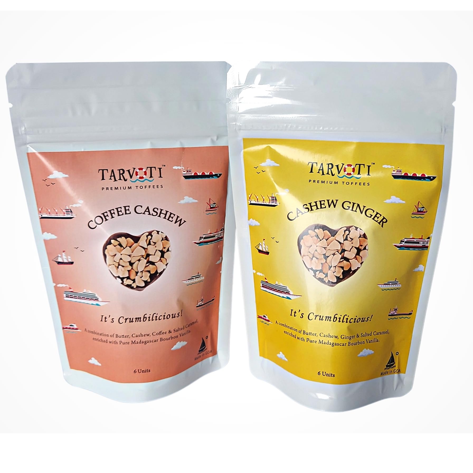 Premium Toffee- 2pc Combo | Cashew Coffee+Country Cashew | 6units box x 2pcs x 48g each | Combo Pack | Coffee, Cashew, Ginger, Butter & Salted Caramel with Bourbon Vanilla