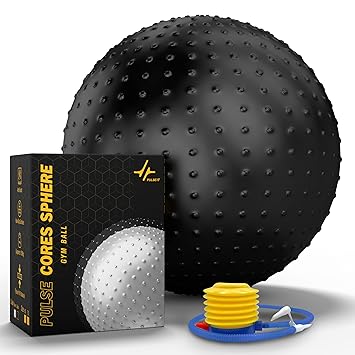 PULSEIT PulseITFlexSphere Anti-Burst Spiky Gym Ball with Foot Pump Exercise Stability Ball for Yoga, Pilates, Balance Training, Core Strength, Home & Office Fitness for Men & Women (65cm-Black)