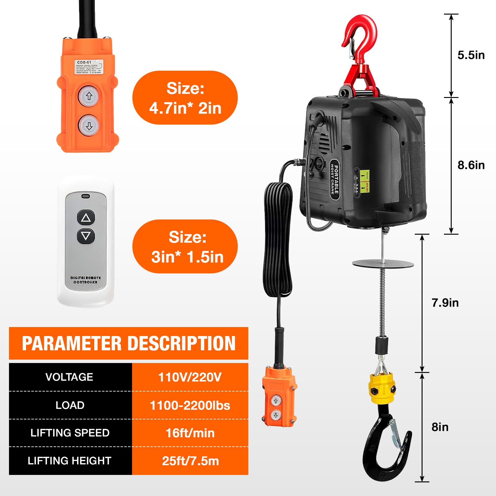 3-in-1 Electric Hoist - 2200lb Capacity -2