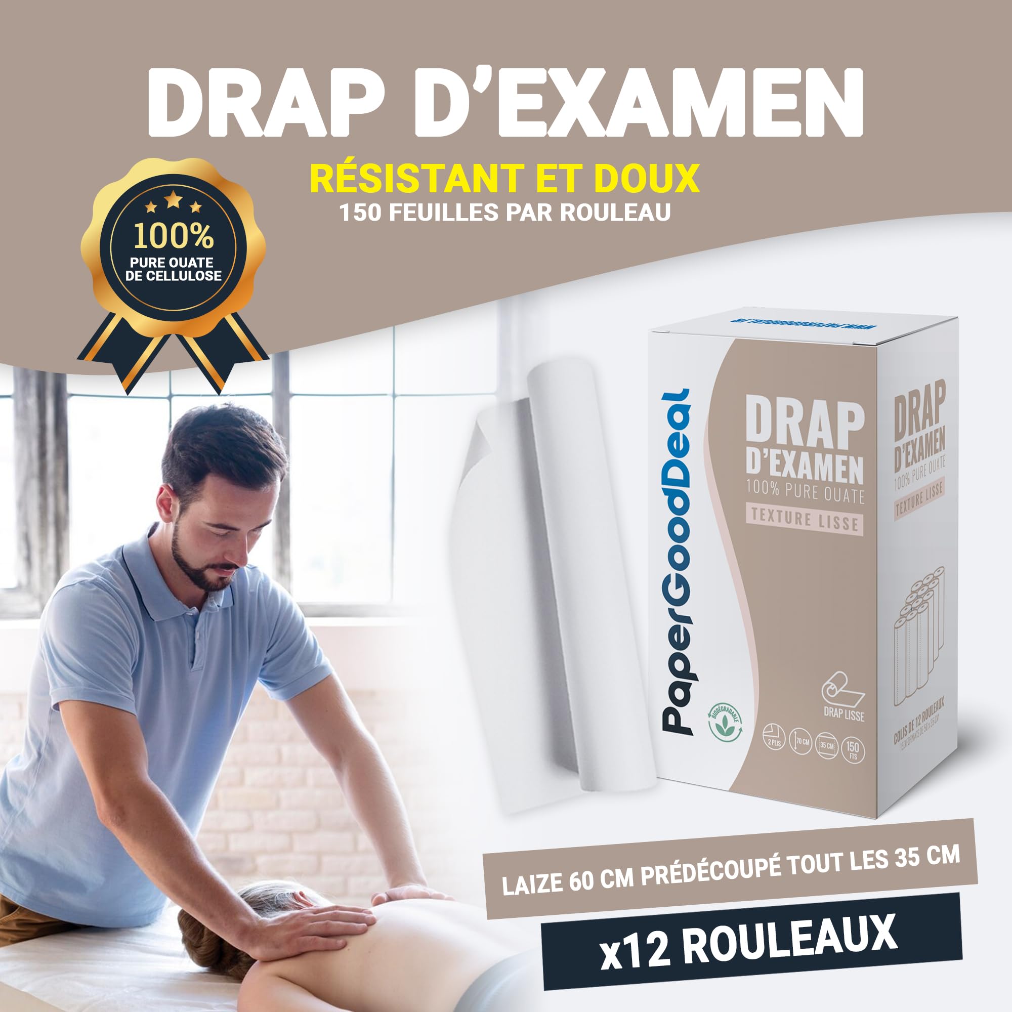 12 rollos de 150 hojas, sábanas de examen de gran ancho 60 cm, 2 capas de 2 x 19 g/m² para mesa médico-masaje-cuidado estético naturópata 100% pura guata de celulosa precortada cada 35 cm