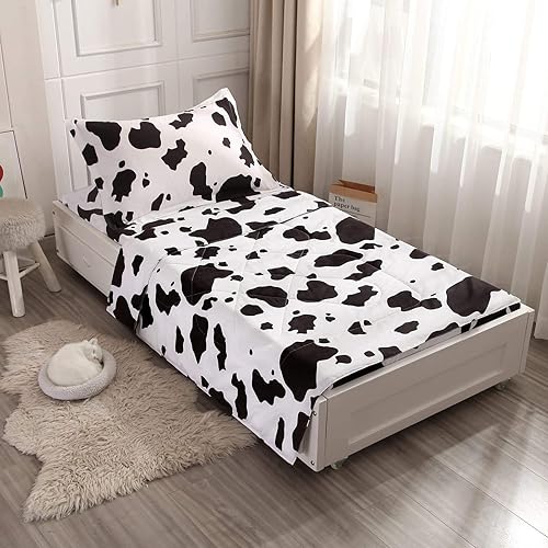 Mengersi Juego de ropa de cama infantil con estampado de vaca, 4 piezas, incluye edredón acolchado, sábana bajera, sábana superior y funda de