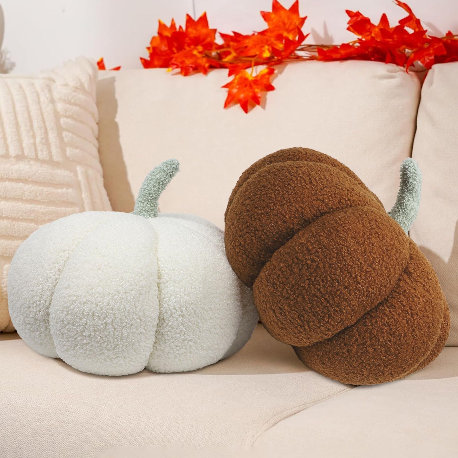 Paqisun 2 Pack Thanksgiving Pumpkin Pillow, 3D Pumpkin Shaped Pillow Plush Pillow Decorative Pumpkin Throw Pillows for Autumn Fall Bedroom Sofa Couch Supplies Thanksgiving Decorations, White and Brown