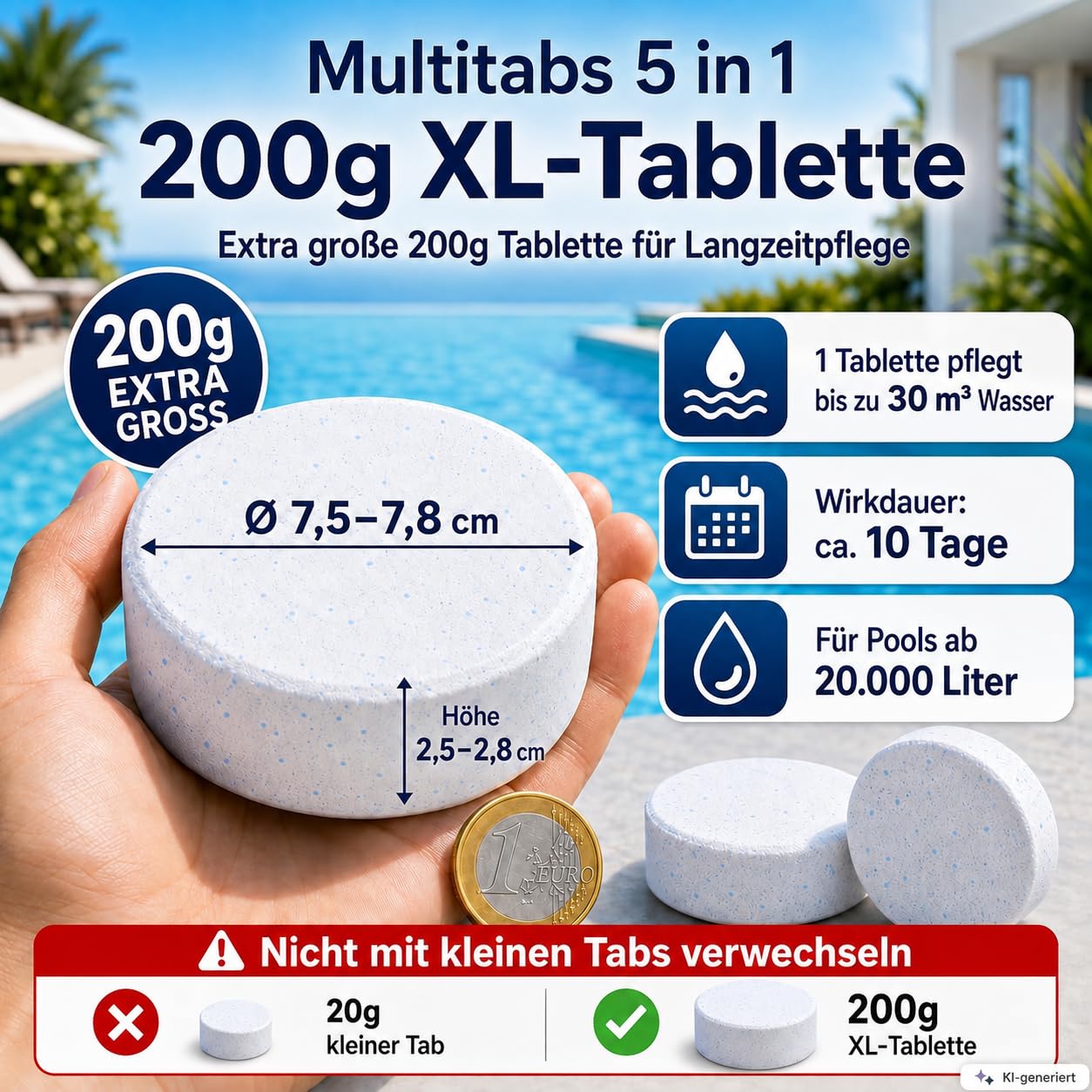 Multitabs für Pool 5 in 1 – 5kg (25 Tabs) – Chlortabletten für Pool 200g – Profi-Qualität Borsäurefrei – Made in Europe - Für kristallklares Poolwasser