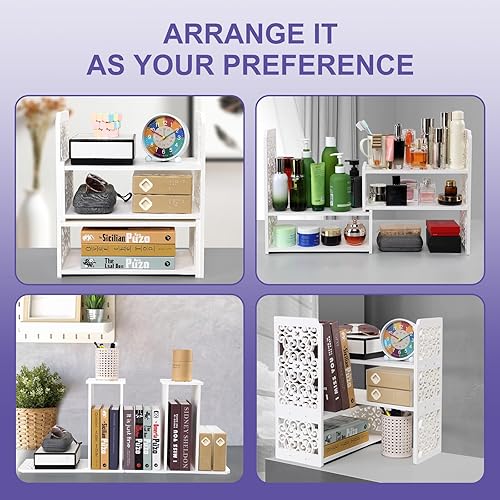 Miniatura 4 de EARTHSON Estante organizador de escritorio, estantería expandible para escritorio, estantería de escritorio pequeña, mini estantes blancos