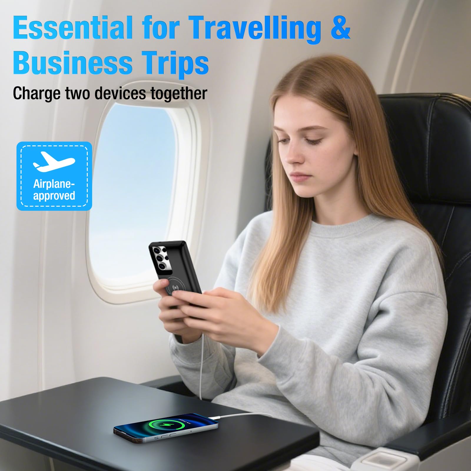 Funda de batería para Samsung Galaxy S24 Ultra (15000 mAh), cargador rápido GaN, funda de carga portátil extendida, cargador inalámbrico con cable USB-C de 20 W (6.8 pulgadas), color negro